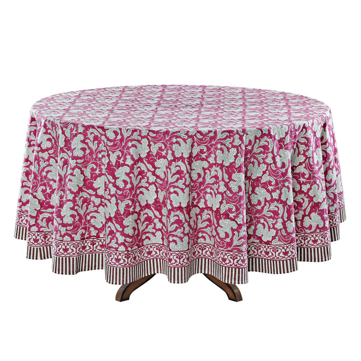 Deep Pruce Indian Floral Block Printed Cotton Round Tablecloth