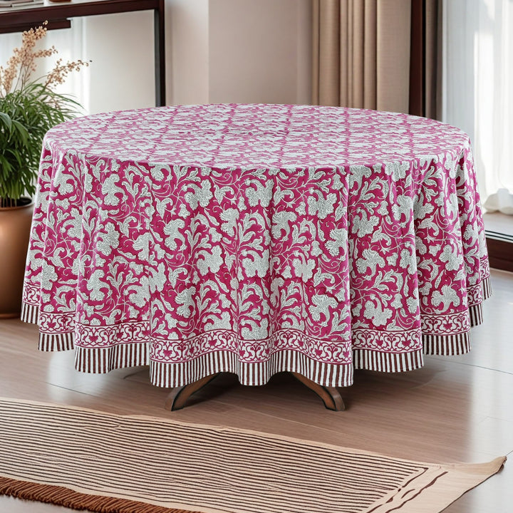 Deep Pruce Indian Floral Block Printed Cotton Round Tablecloth