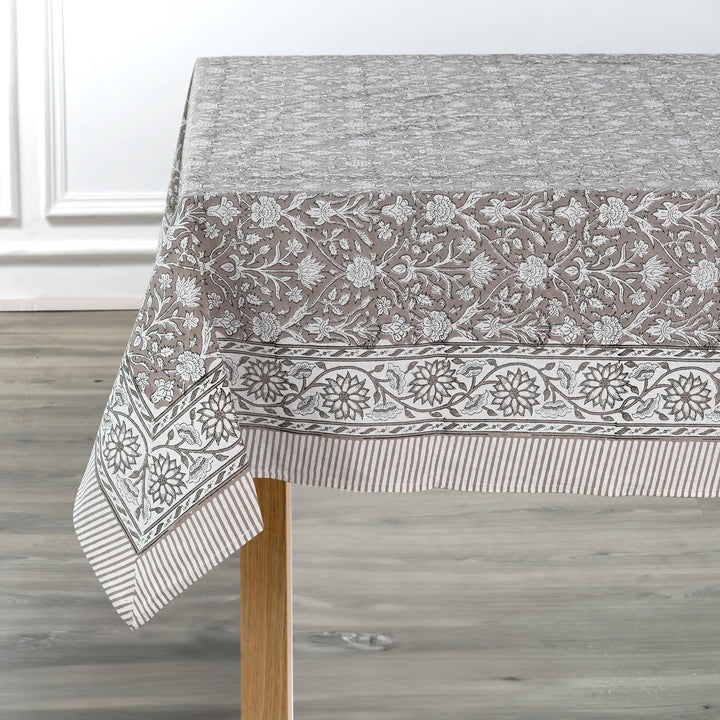 Fabricrush Taupe and Off White Indian Hand Block Floral Printed Pure Cotton Cloth Tablecloth, Gift for her, gifts