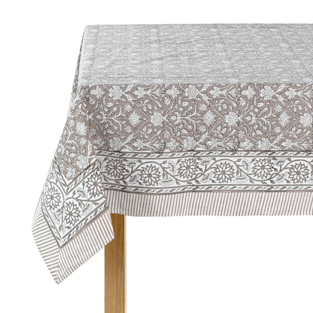 Fabricrush Taupe and Off White Indian Hand Block Floral Printed Pure Cotton Cloth Tablecloth, Gift for her, gifts