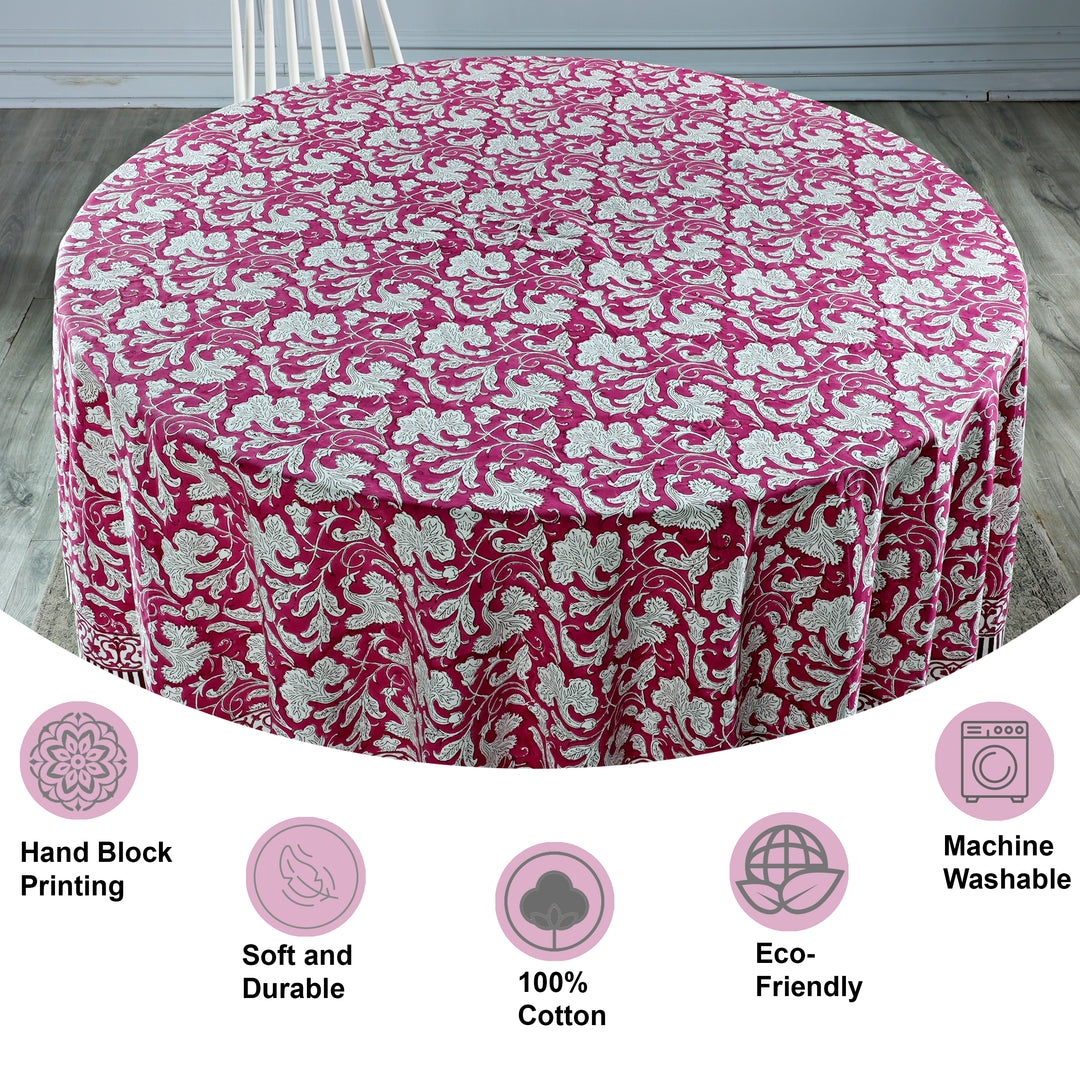 Deep Pruce Indian Floral Block Printed Cotton Round Tablecloth