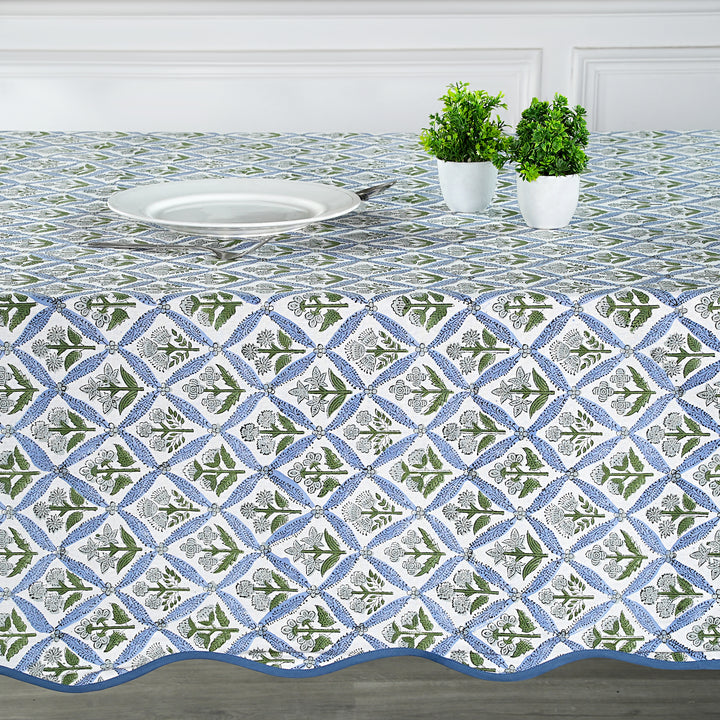Handblock Printed Light Steel Blue with Scallop Piping Tablecloth Product Image 3