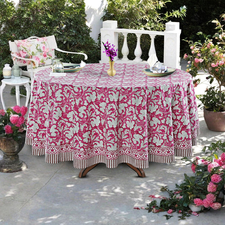 Deep Pruce Indian Floral Block Printed Cotton Round Tablecloth