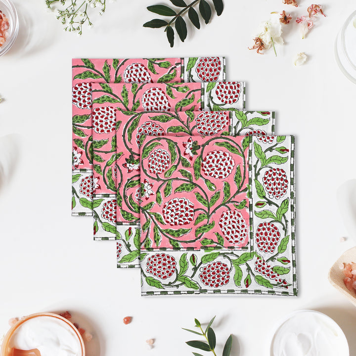 Strawberry Pink, Green and Red Floral Border Napkins
