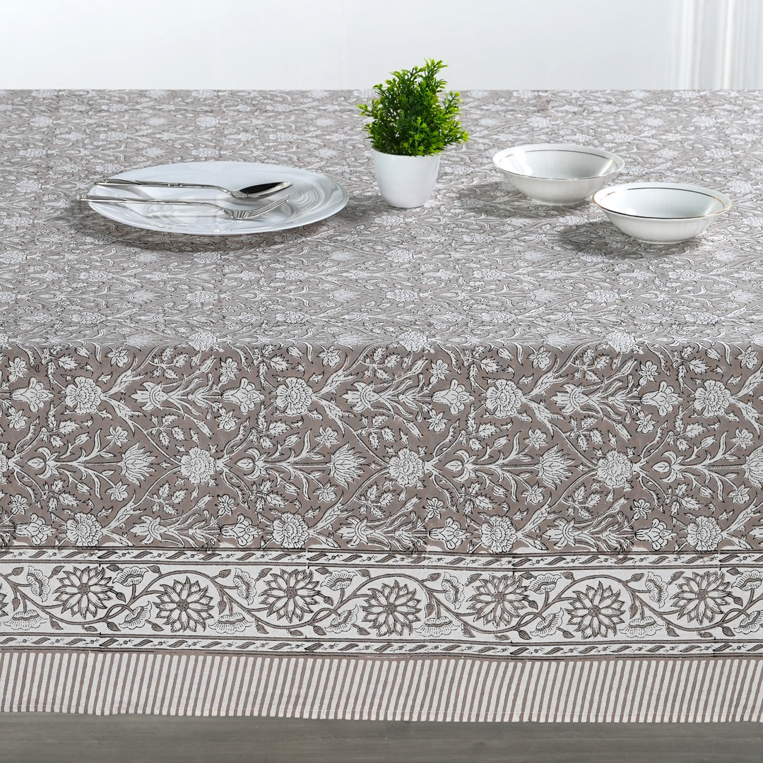 Fabricrush Taupe and Off White Indian Hand Block Floral Printed Pure Cotton Cloth Tablecloth, Gift for her, gifts