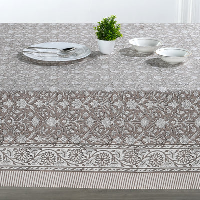 Fabricrush Taupe and Off White Indian Hand Block Floral Printed Pure Cotton Cloth Tablecloth