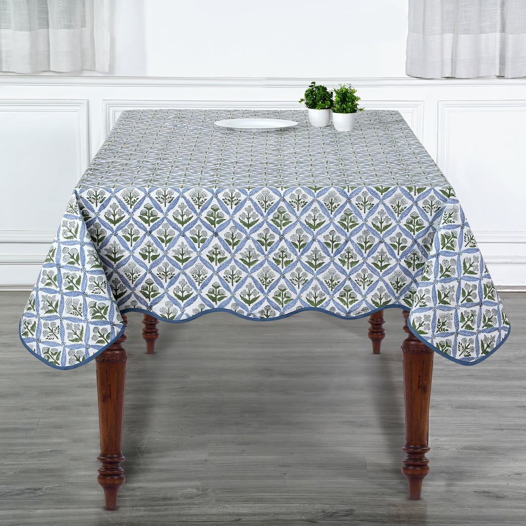 Handblock Printed Light Steel Blue with Scallop Piping Tablecloth Product Image 4