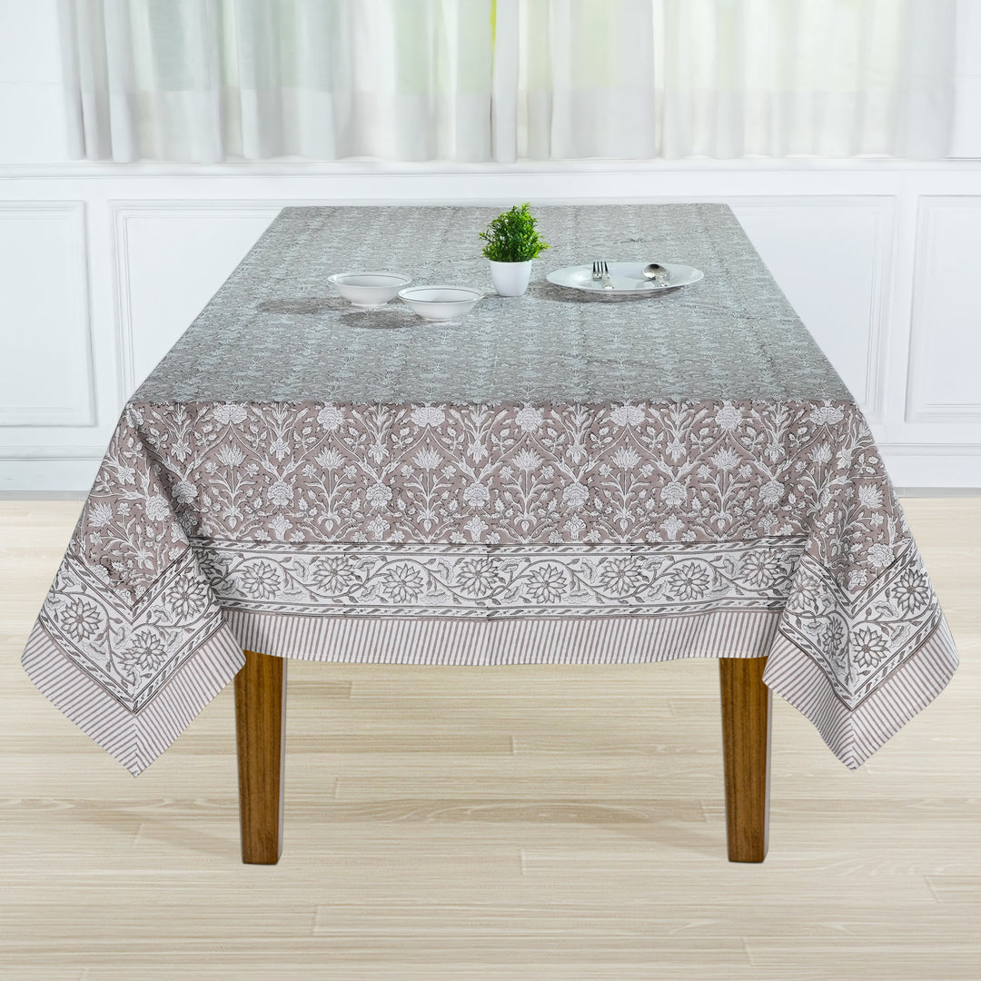 Fabricrush Taupe and Off White Indian Hand Block Floral Printed Pure Cotton Cloth Tablecloth, Gift for her, gifts