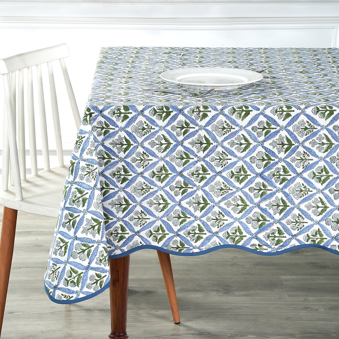 Handblock Printed Light Steel Blue with Scallop Piping Tablecloth Product Image 2