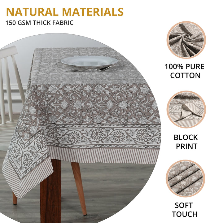 Fabricrush Taupe and Off White Indian Hand Block Floral Printed Pure Cotton Cloth Tablecloth, Gift for her, gifts