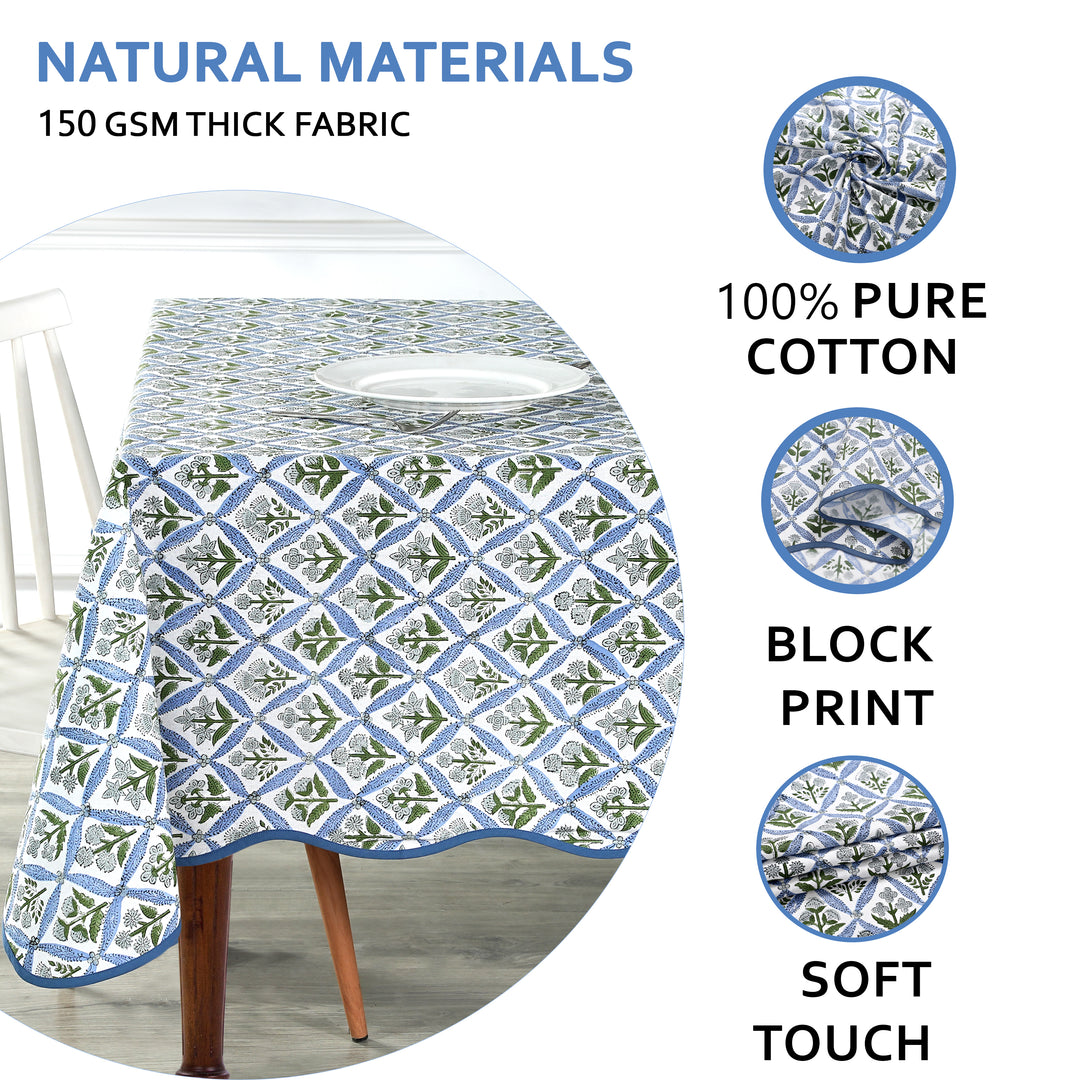 Handblock Printed Light Steel Blue with Scallop Piping Tablecloth Product Image 5