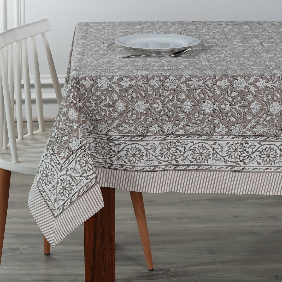 Fabricrush Taupe and Off White Indian Hand Block Floral Printed Pure Cotton Cloth Tablecloth, Gift for her, gifts