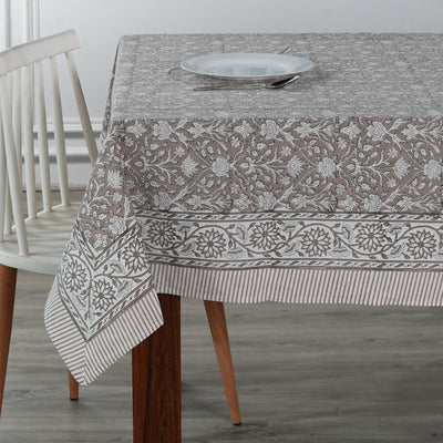 Fabricrush Taupe and Off White Indian Hand Block Floral Printed Pure Cotton Cloth Tablecloth
