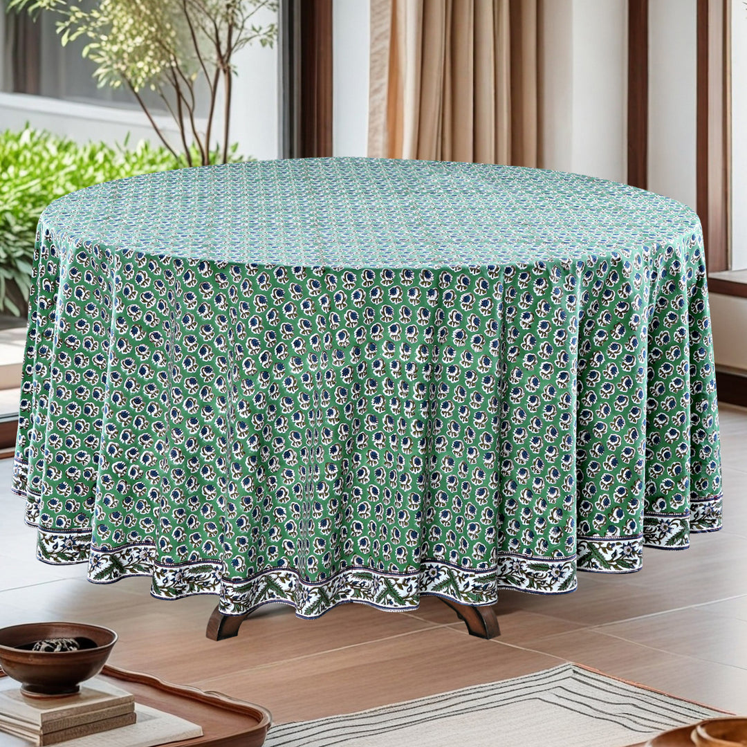 Basil Green Indian Floral Hand-Block Printed Cotton Round Tablecloth