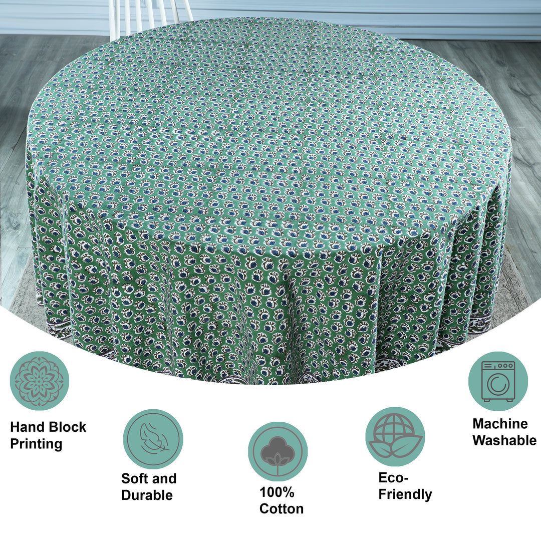 Basil Green Indian Floral Hand-Block Printed Cotton Round Tablecloth