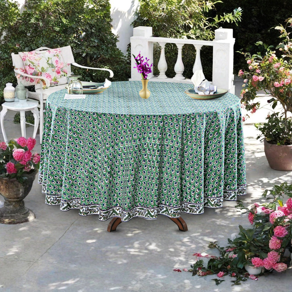 Basil Green Indian Floral Hand-Block Printed Cotton Round Tablecloth