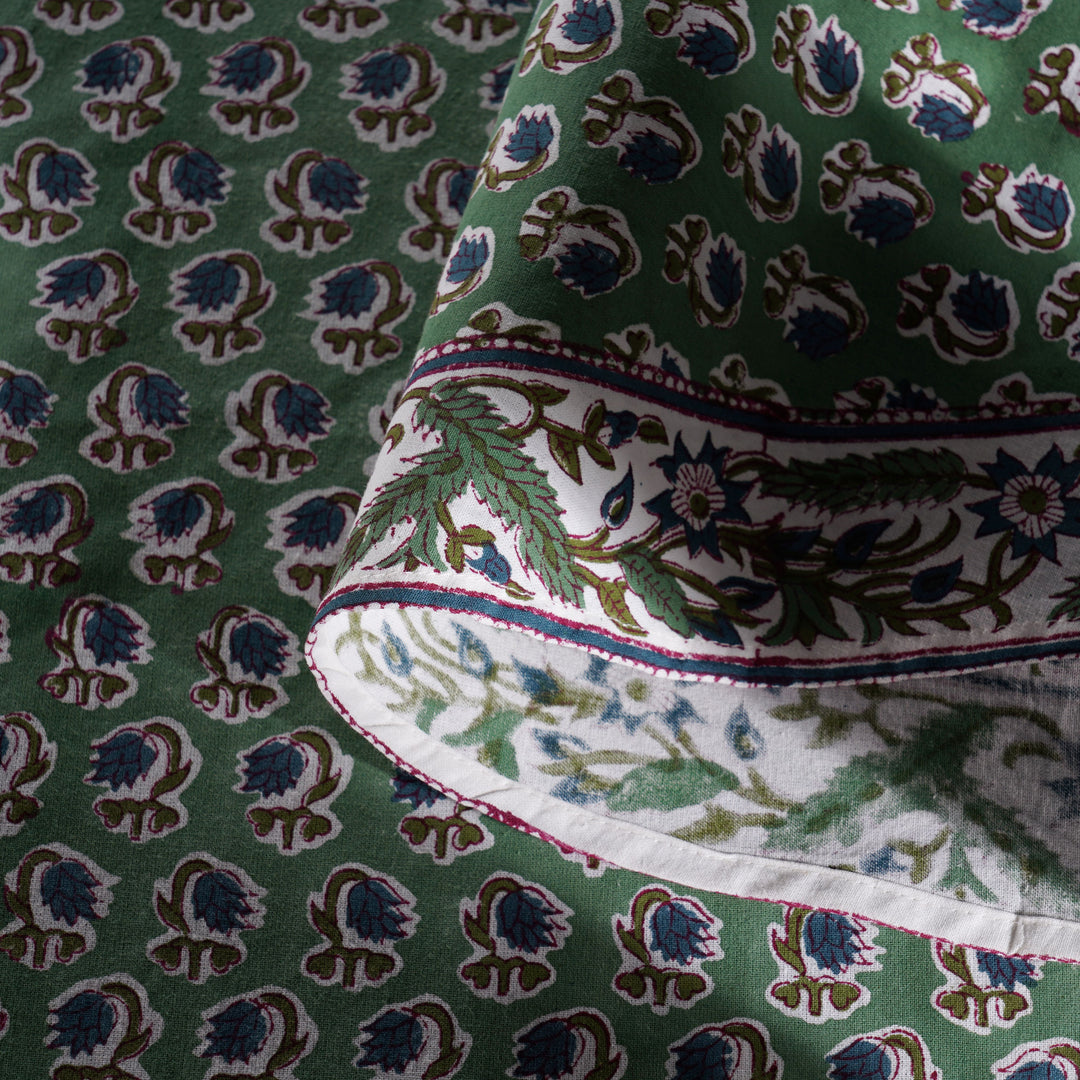 Basil Green Indian Floral Hand-Block Printed Cotton Round Tablecloth