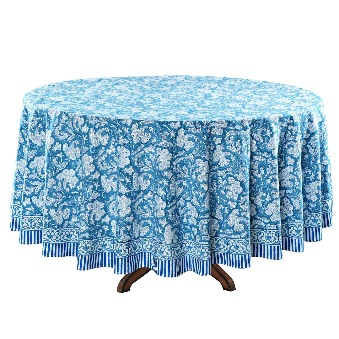 Turkish Blue Indian Floral Hand-Block Printed Cotton Round Tablecloth