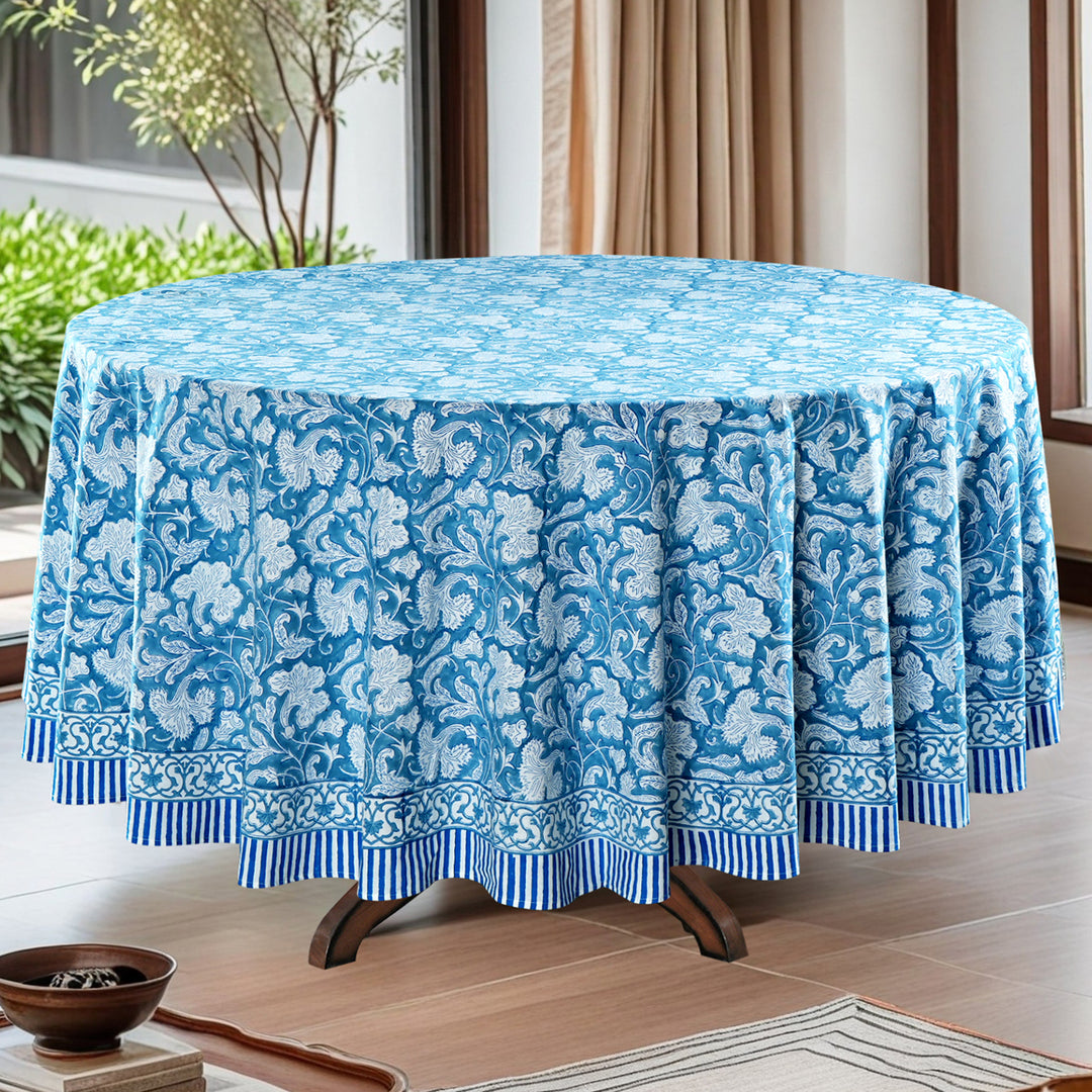 Turkish Blue Indian Floral Hand-Block Printed Cotton Round Tablecloth