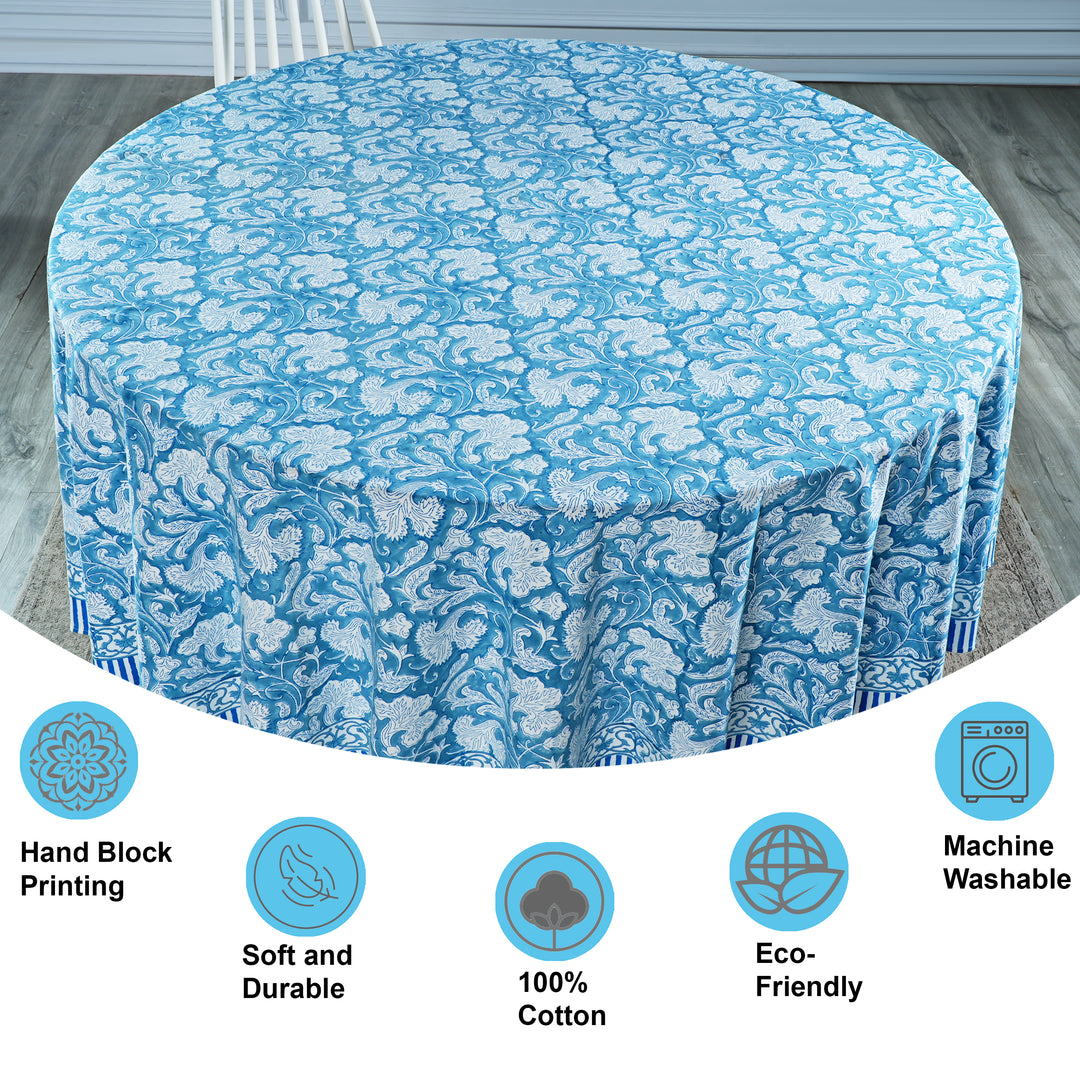 Turkish Blue Indian Floral Hand-Block Printed Cotton Round Tablecloth