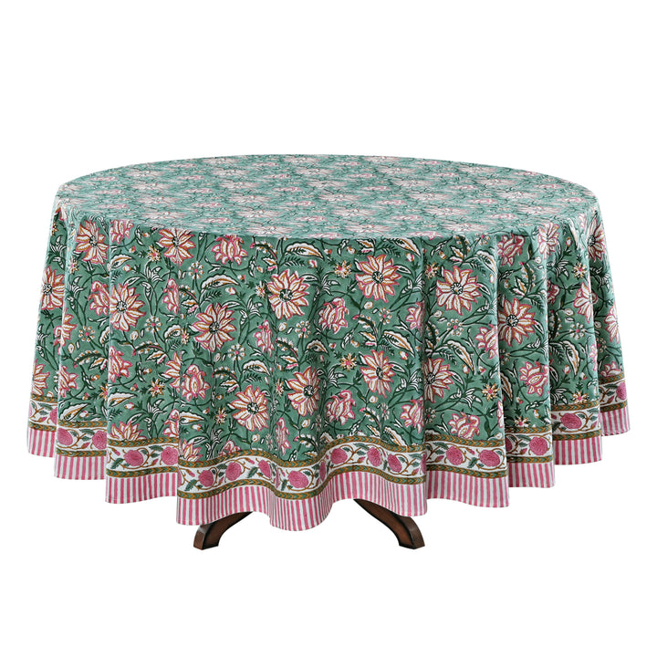 Hunter Green Indian Floral Block Printed Cotton Round Table cover