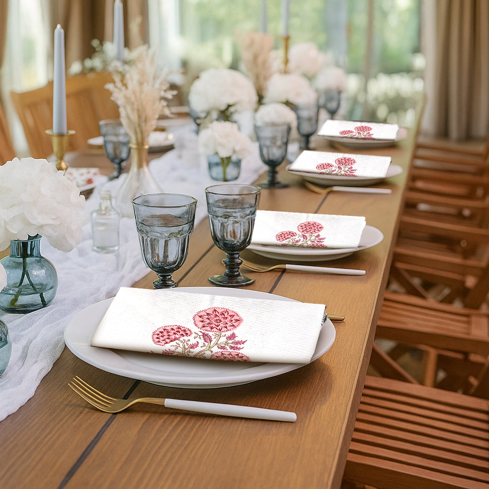 Salmon Pink Floral Cotton Border Napkins, Size 20x20"