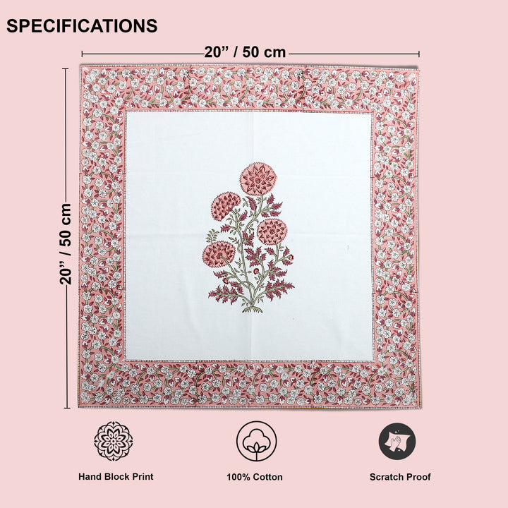Salmon Pink Floral Cotton Border Napkins, Size 20x20"