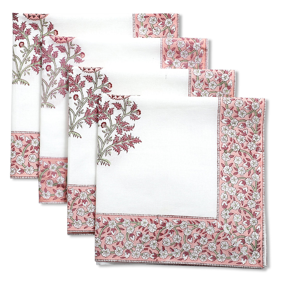 Salmon Pink Floral Cotton Border Napkins, Size 20x20"