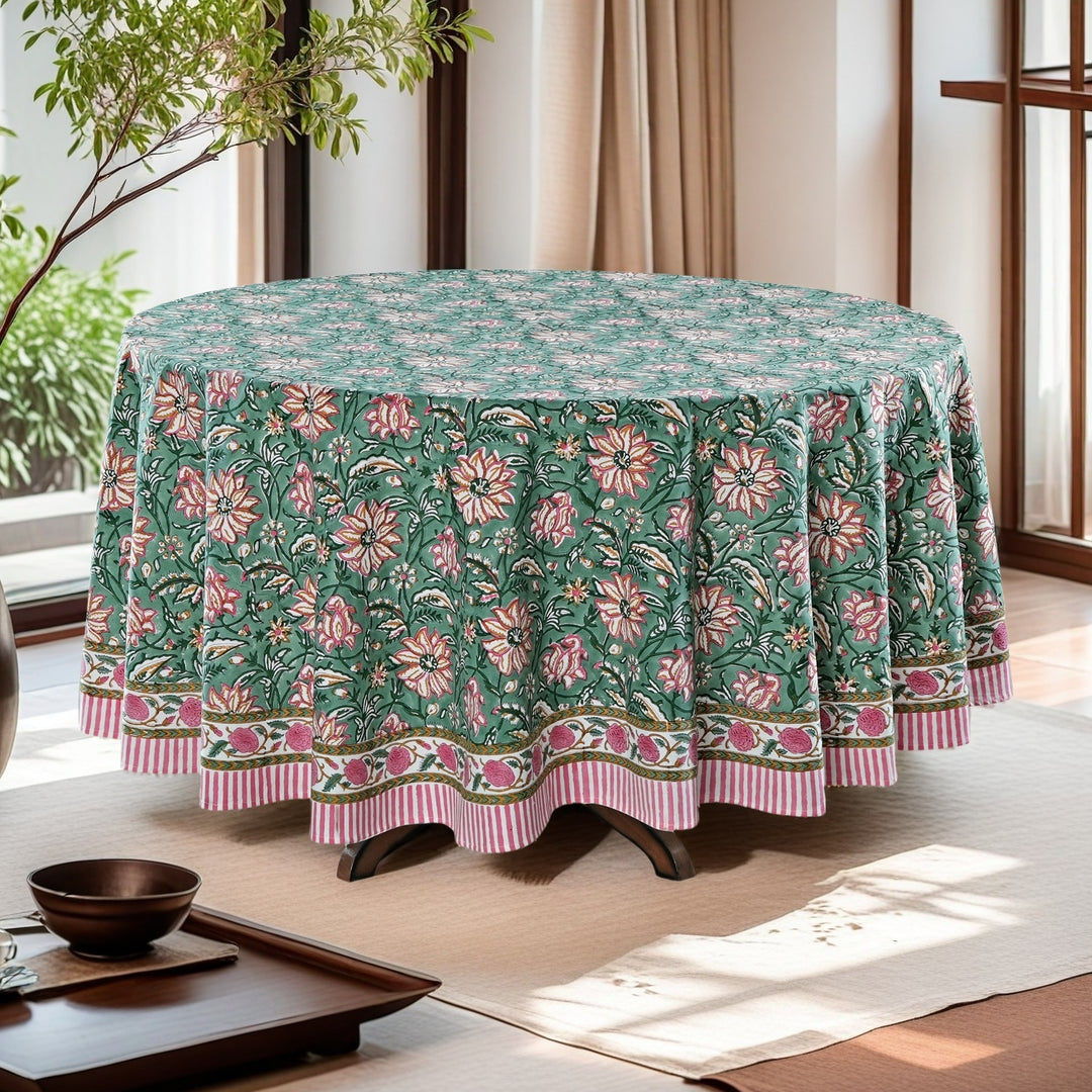 Hunter Green Indian Floral Block Printed Cotton Round Table cover