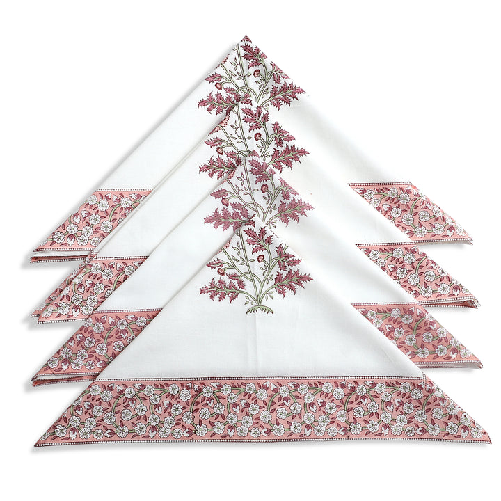 Salmon Pink Floral Cotton Border Napkins, Size 20x20"