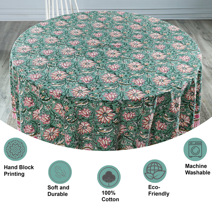 Hunter Green Indian Floral Block Printed Cotton Round Table cover