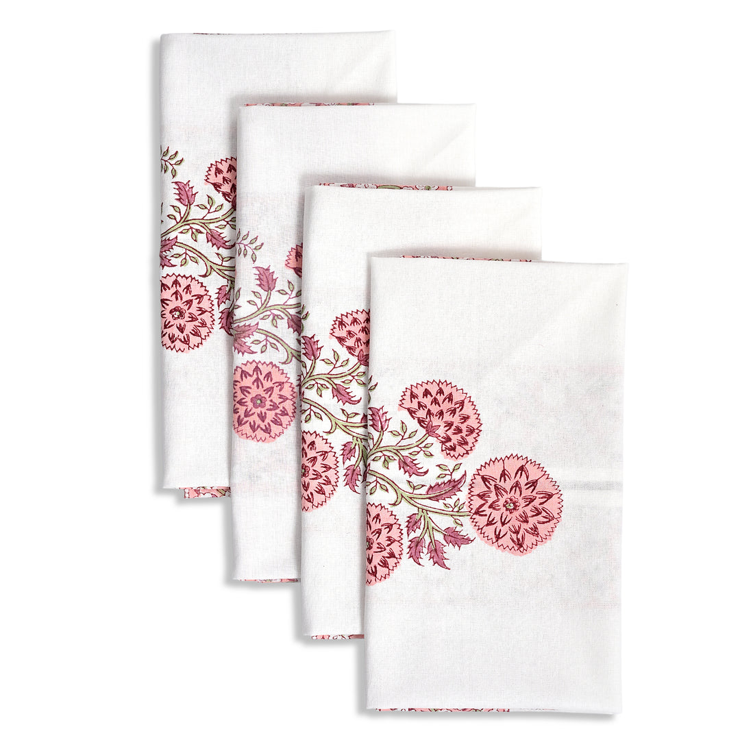 Salmon Pink Floral Cotton Border Napkins, Size 20x20"