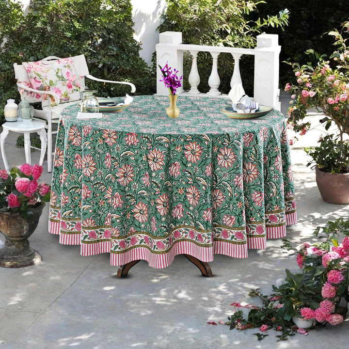 Hunter Green Indian Floral Block Printed Cotton Round Table cover