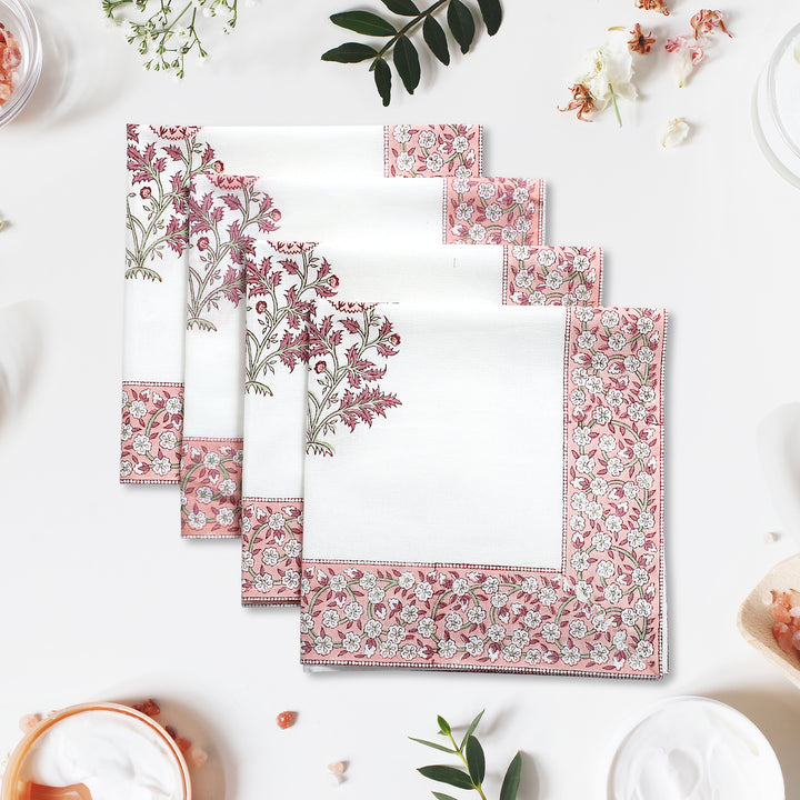 Salmon Pink Floral Cotton Border Napkins, Size 20x20"