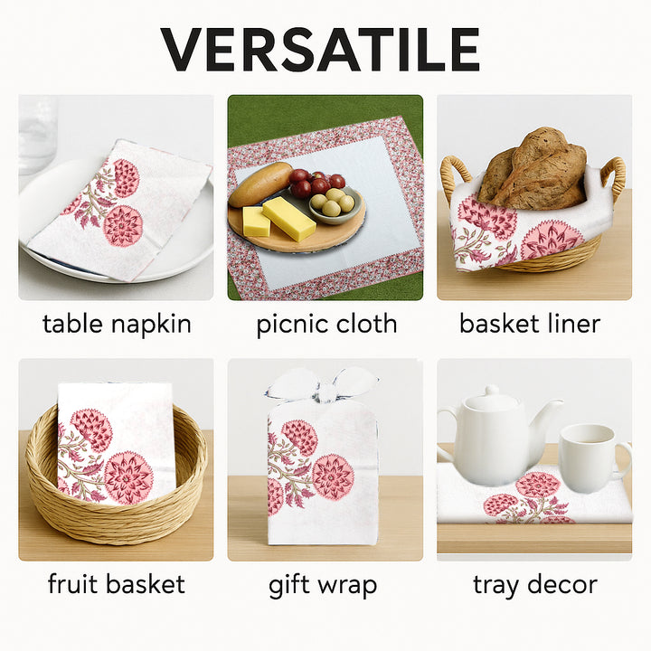 Salmon Pink Floral Cotton Border Napkins, Size 20x20"