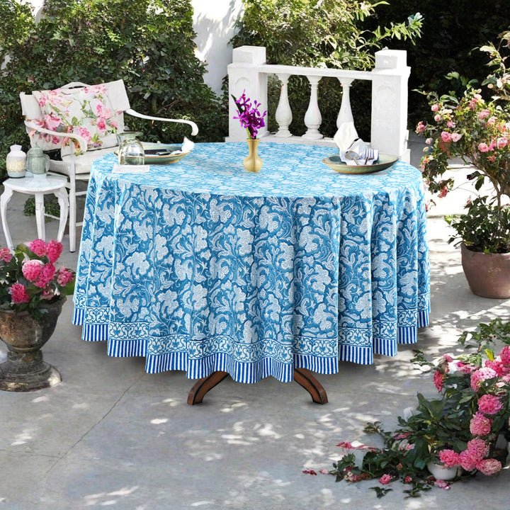 Turkish Blue Indian Floral Hand-Block Printed Cotton Round Tablecloth