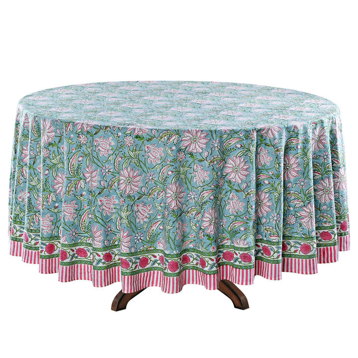 Ice Blue Indian Floral Hand-Block Printed Cotton Round Tablecloth