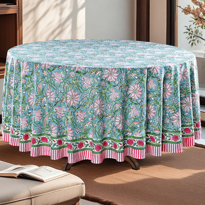 Ice Blue Indian Floral Hand-Block Printed Cotton Round Tablecloth