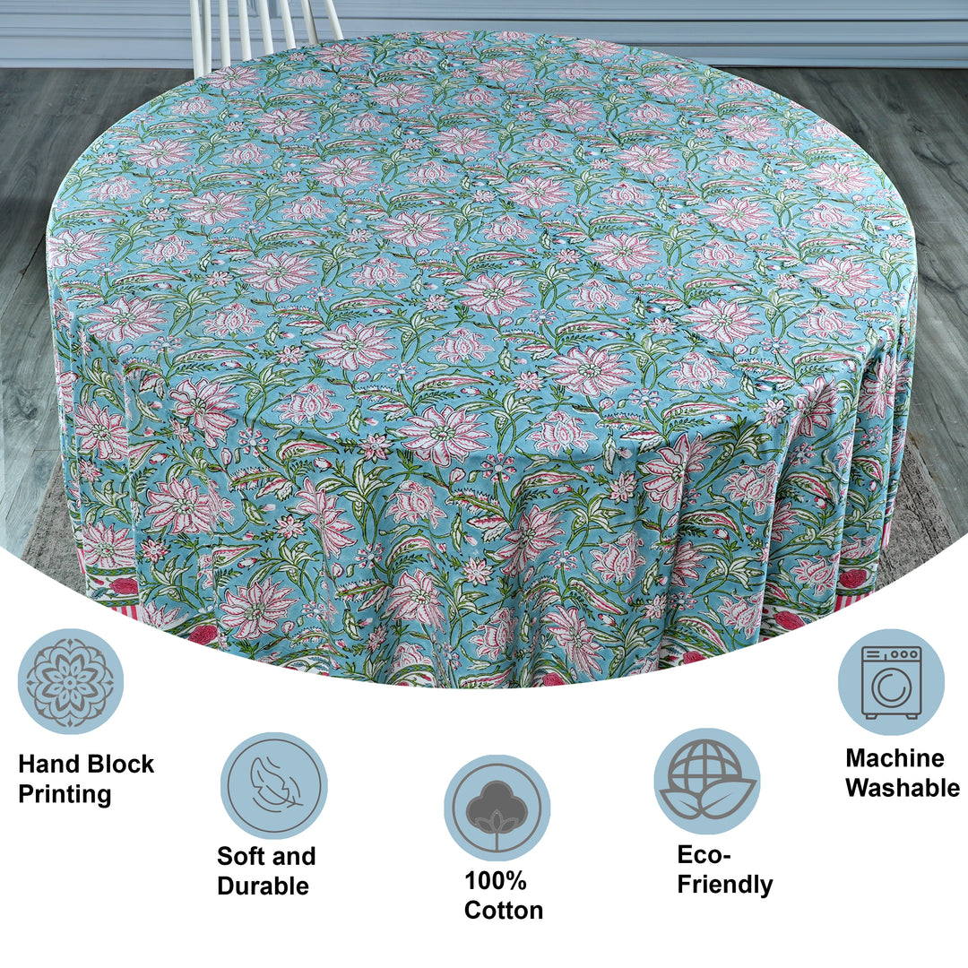 Ice Blue Indian Floral Hand-Block Printed Cotton Round Tablecloth