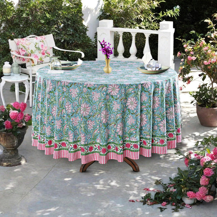 Ice Blue Indian Floral Hand-Block Printed Cotton Round Tablecloth