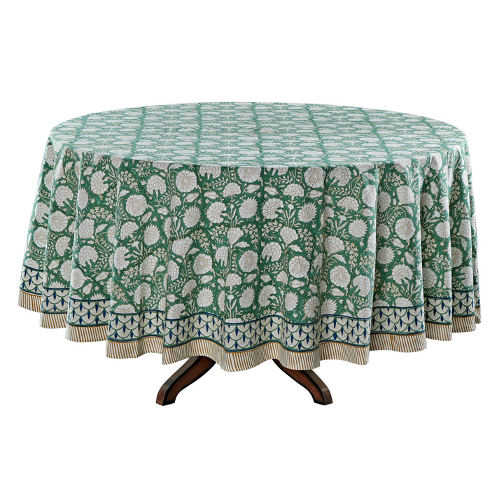 Old Moss Green Indian Floral Hand-Block Printed Cotton Round Tablecloth