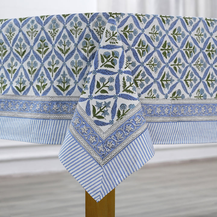 Light Steel Blue Indian Floral Hand Block Printed Tablecloth