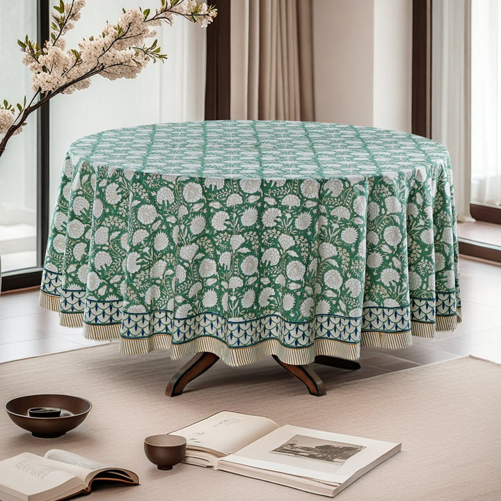 Old Moss Green Indian Floral Hand-Block Printed Cotton Round Tablecloth