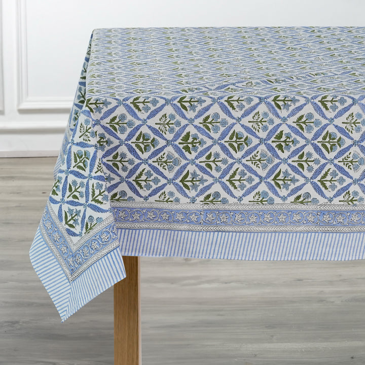 Light Steel Blue Indian Floral Hand Block Printed Tablecloth