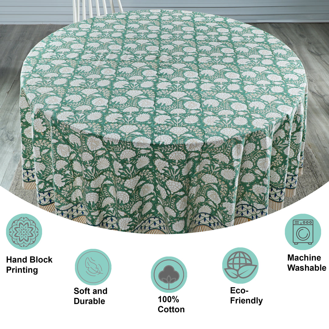 Old Moss Green Indian Floral Hand-Block Printed Cotton Round Tablecloth