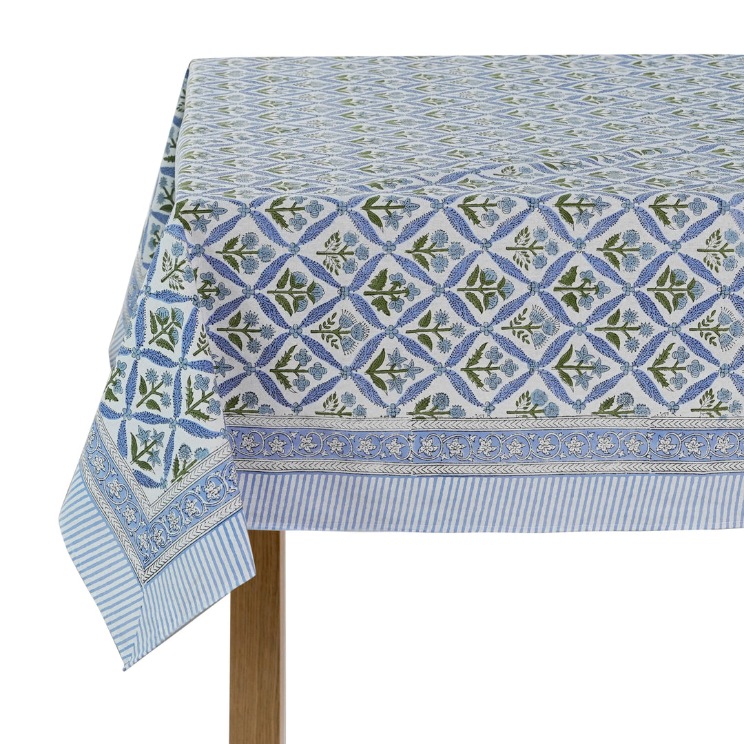 Light Steel Blue Indian Floral Hand Block Printed Tablecloth