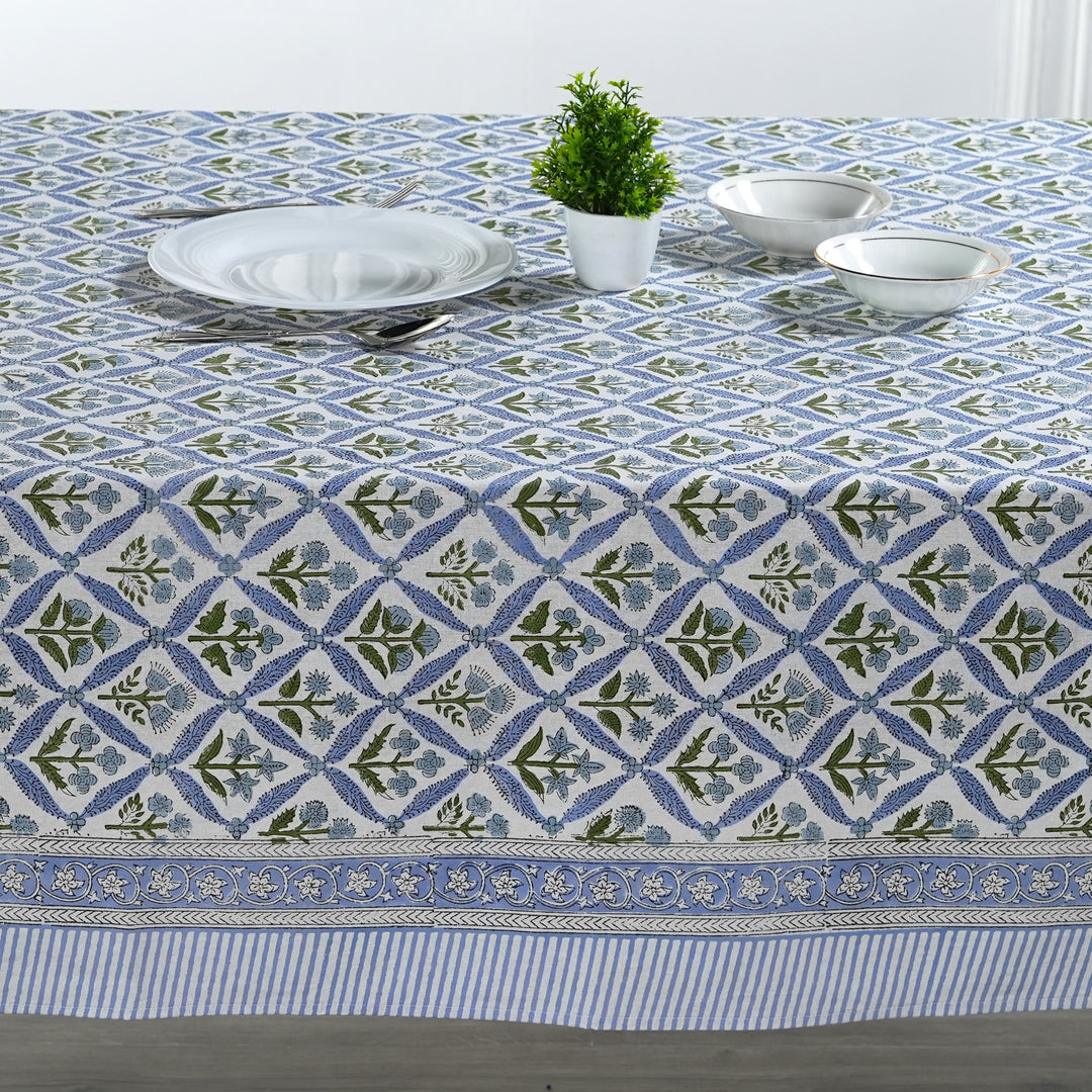 Light Steel Blue Indian Floral Hand Block Printed Tablecloth