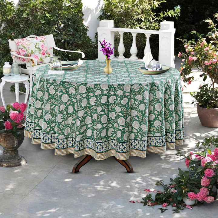 Old Moss Green Indian Floral Hand-Block Printed Cotton Round Tablecloth