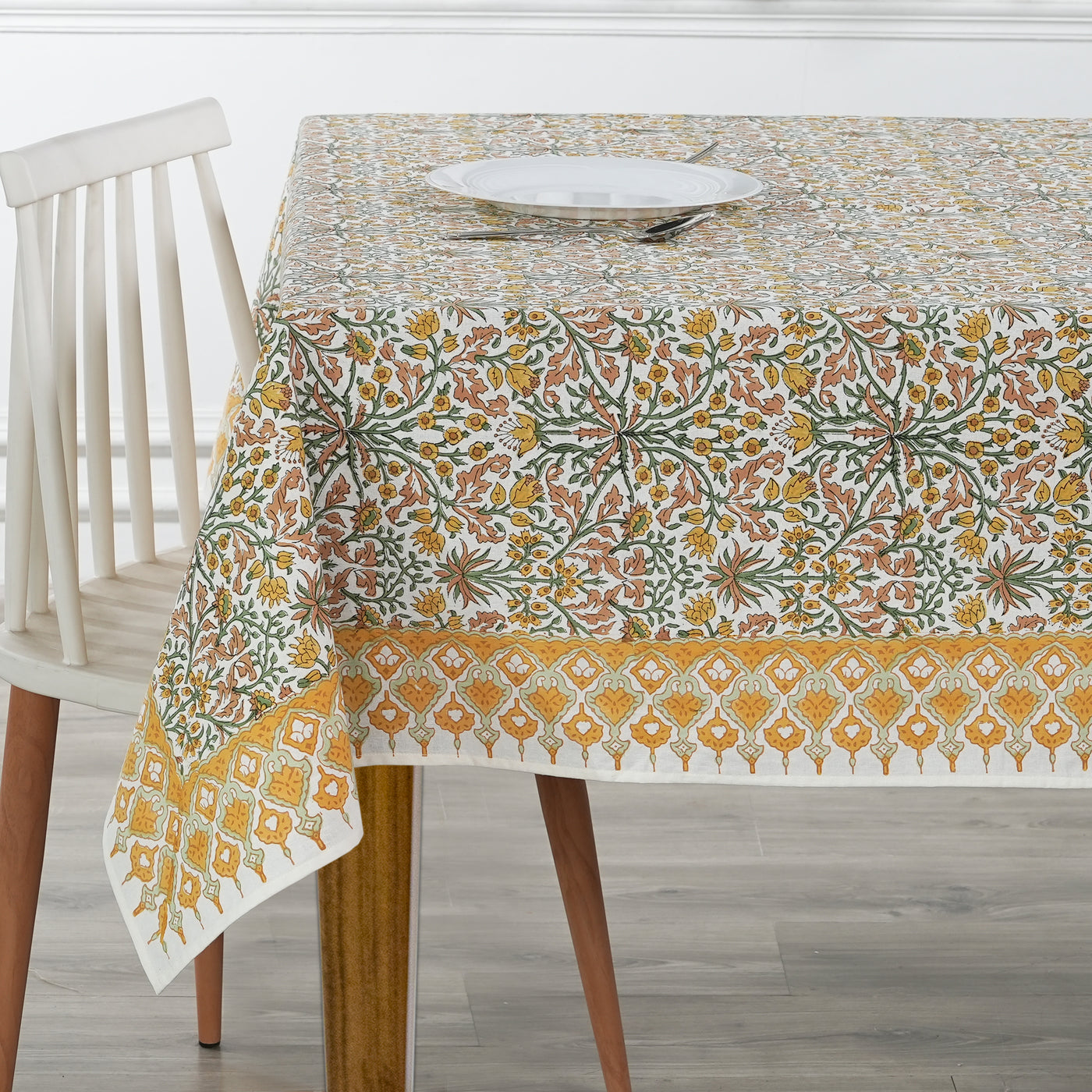 Fabricrush Goldenrod Yellow, Fern Green and Peanut Brown Indian Hand Block Printed 100% Cotton Tablecloth And Table Cover For Farmhouse Wedding Holiday Gifts