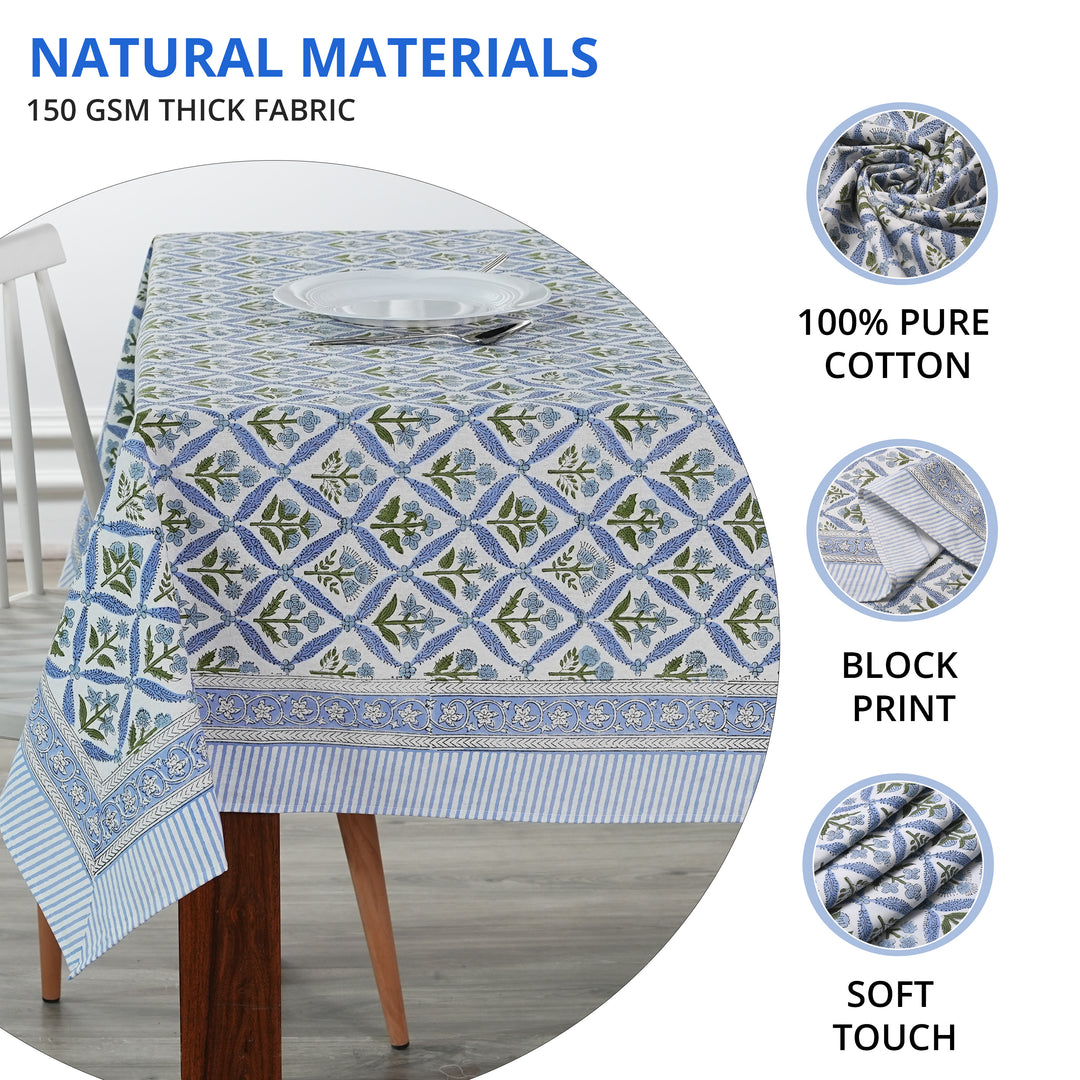 Light Steel Blue Indian Floral Hand Block Printed Tablecloth